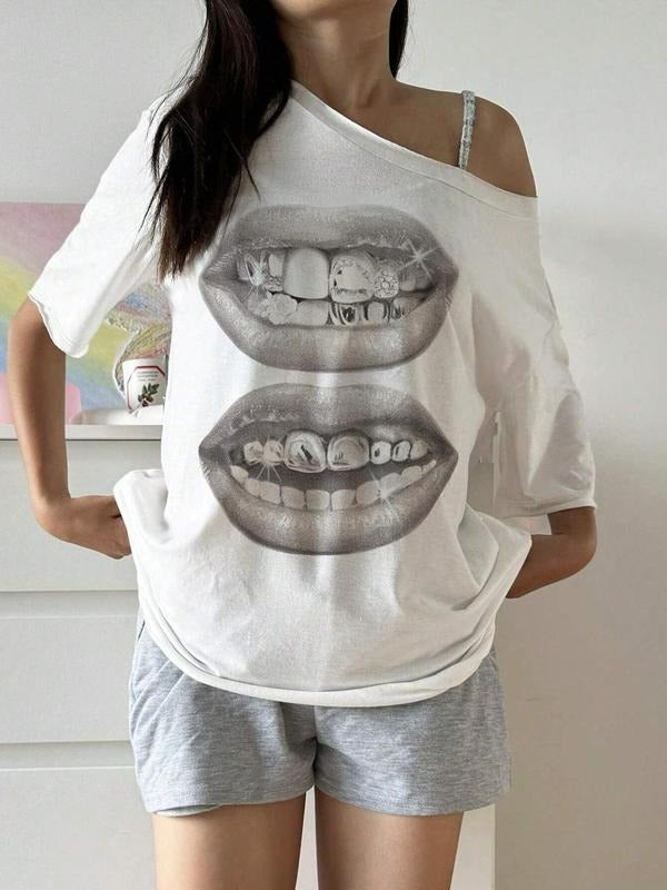 Women's Mouth Print Round Neck Tee, Casual Lip Printed Short Sleeve T-shirt for Daily Wear, Ladies Clothes for All...