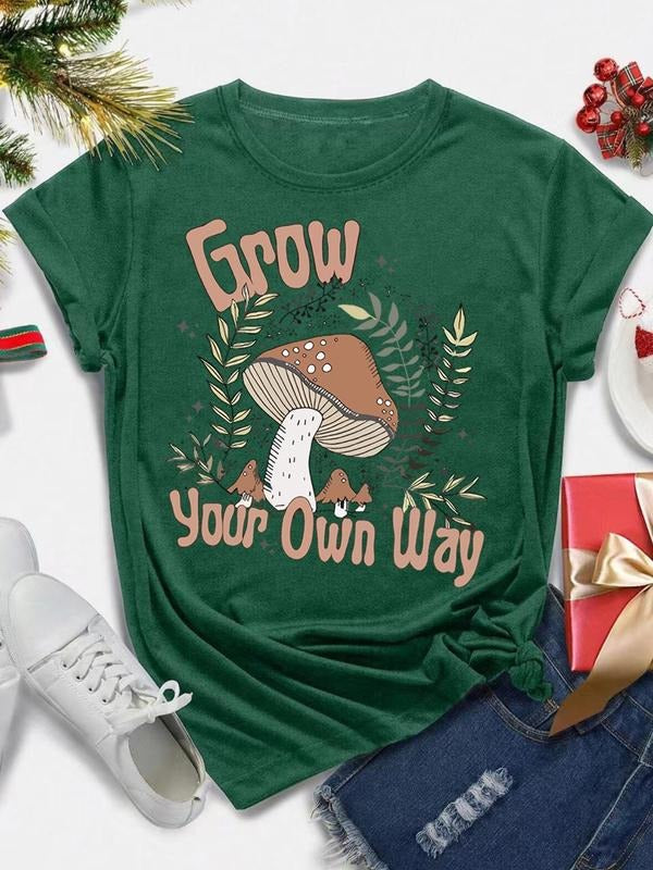 Women's Mushroom & Letter Print Round Neck Tee, Casual Short Sleeve Crew Neck T-shirt for All Seasons, Fashion Women's...