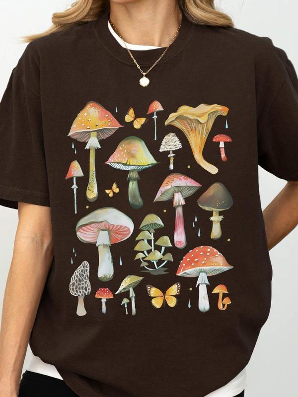 Women's Mushroom Print Round Neck Tee, Casual Short Sleeve Crew Neck T-Shirt for Summer, Fashion Women's Top for Daily...