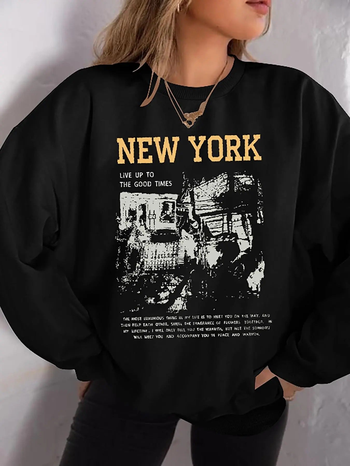 New York City Print Drop Shoulder Casual Long Sleeve Round Neck Spring & Fall Top Daily T-Shirts, Hoodie, Sweatshirt