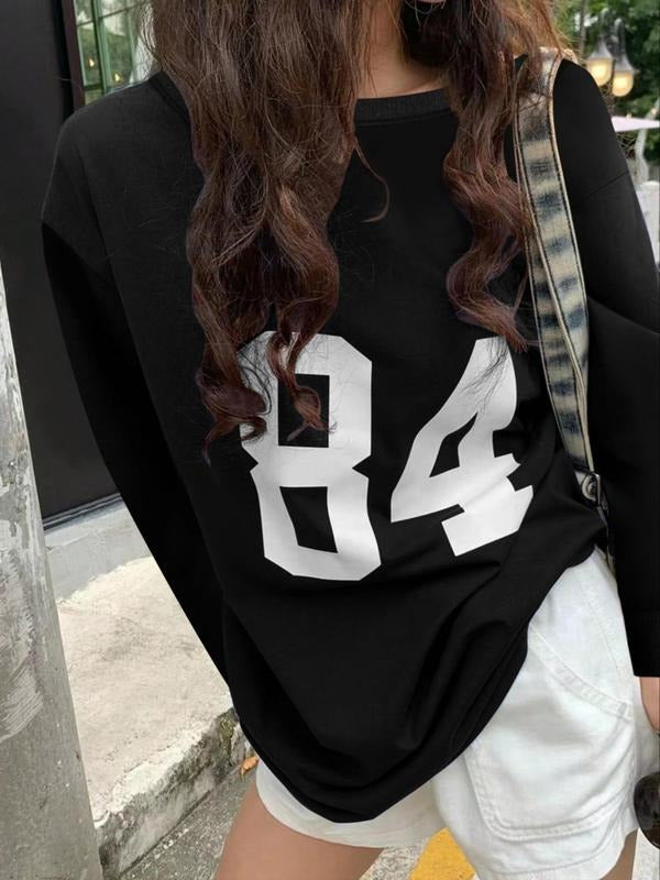 Women's Number "84" Print Crew Neck Sweatshirt, Casual Drop Shoulder Long Sleeve Pullover, Women's Fall & Winter Clothes...