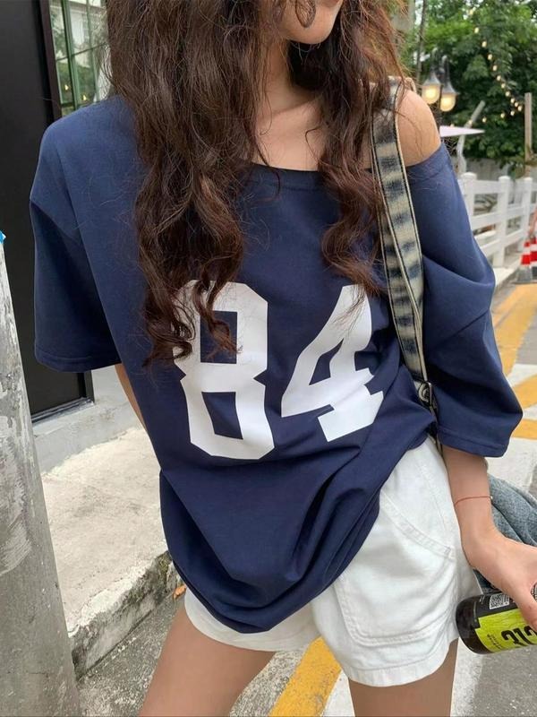 Women's Number Print Asymmetrical Neck Tee, Casual Drop Shoulder Half Sleeve T-shirt for Daily Wear, Ladies Clothes for...