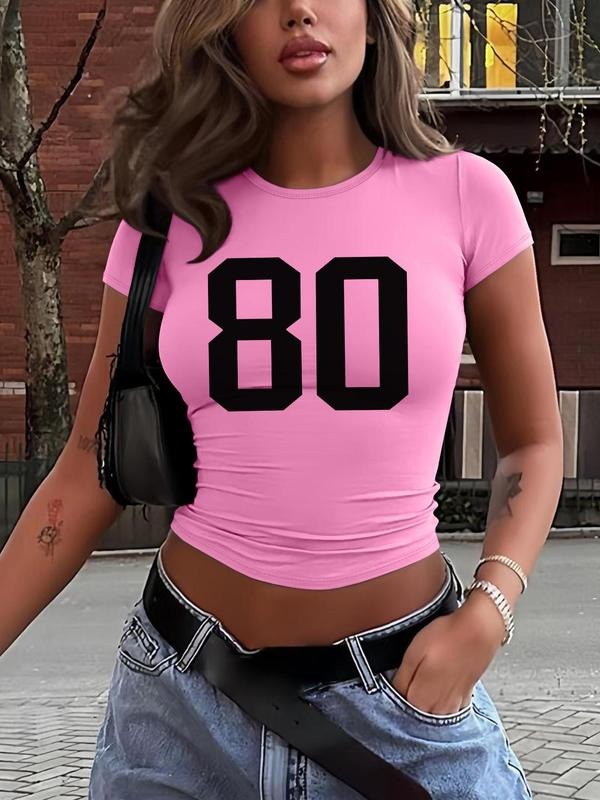 Women's Number Print Round Neck Crop Tee, Casual Short Sleeve Crew Neck T-shirt for Daily Wear, Ladies Clothes for All...