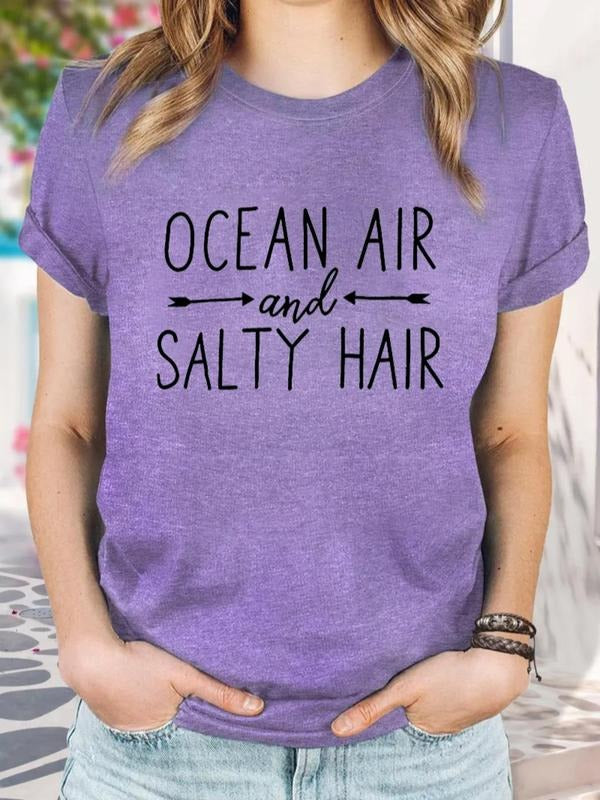 Women's Ocean Air & Salt Hair Letter Print Round Neck Tee, Casual Short Sleeve T-shirt for Summer, Ladies Clothes for...