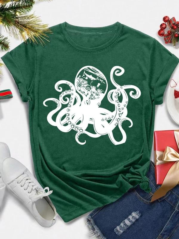 Women's Octopus Print Round Neck Tee, Casual Short Sleeve Crew Neck T-shirt for All Seasons, Fashion Women's Top for...