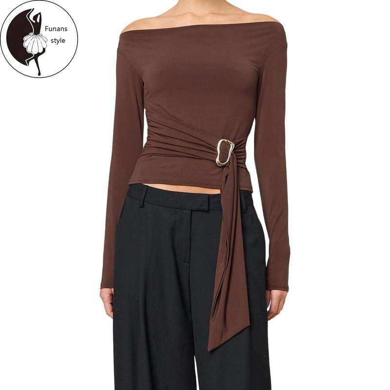 Women's Off Shoulder Tops Fashionable Versatile Solid Color Long SleeveFit Shirts Hoodie Sweatshirt | PrintMintTees.com
