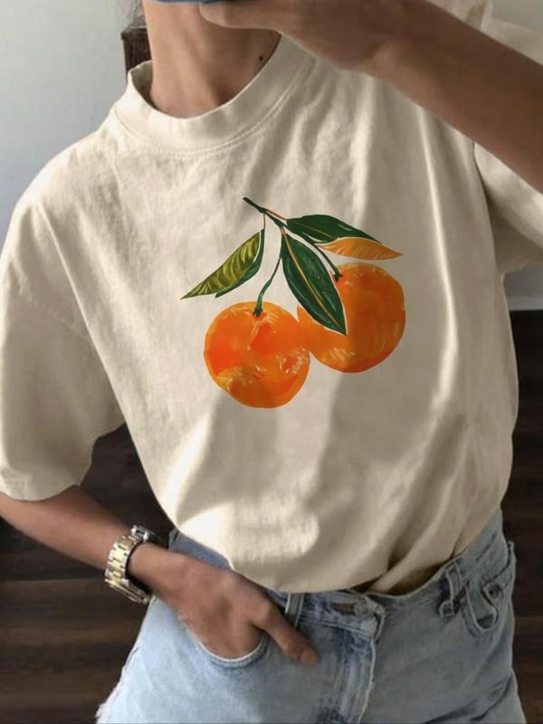 Women's Orange Print Round Neck Tee, Fashion Casual Drop Shoulder Short Sleeve T-shirt, Ladies Summer Clothes for Daily...