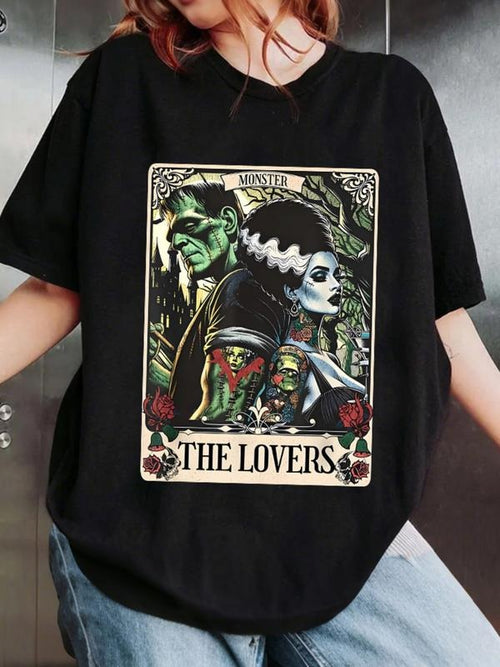 Women's Oversized "The Lovers" Monster Tarot Graphic Tee - Black Gothic Frankenstein & Bride T-Shirt Hoodie Sweatshirt