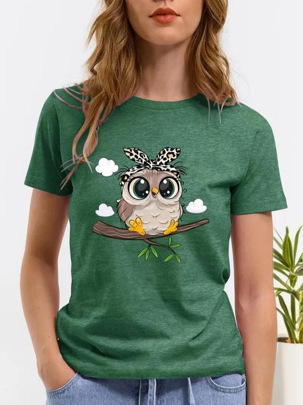 Women's Owl Print Round Neck Tee, Cute Casual Short Sleeve T-shirt for Daily Wear, Ladies Clothes for All Seasons Hoodie...