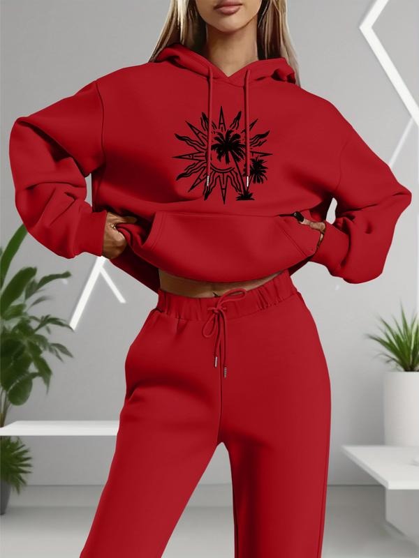 Women's Palm Leaf Print Hooded Sweatshirt Set, Long Sleeve Casual Sportswear, Comfortable Fashion Design, Perfect for...