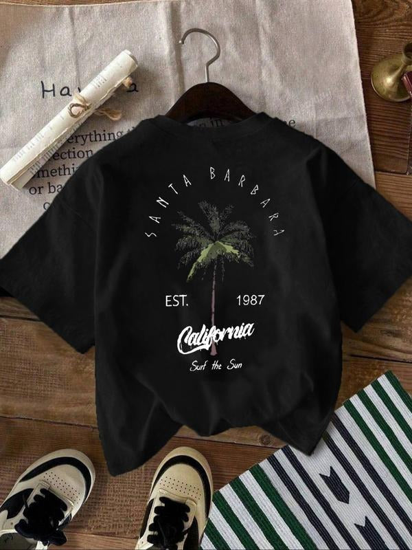 Women's Palm Tree & Established Year Print Round Neck Tee, Casual Short Sleeve T-shirt for Summer, Ladies Clothes for...