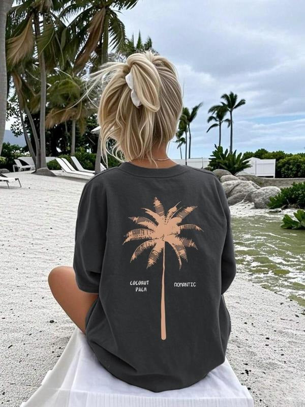 Women's Palm Tree Print Round Neck Tee, Casual Short Sleeve Crew Neck T-Shirt for Summer, Fashion Women's Top for Daily...