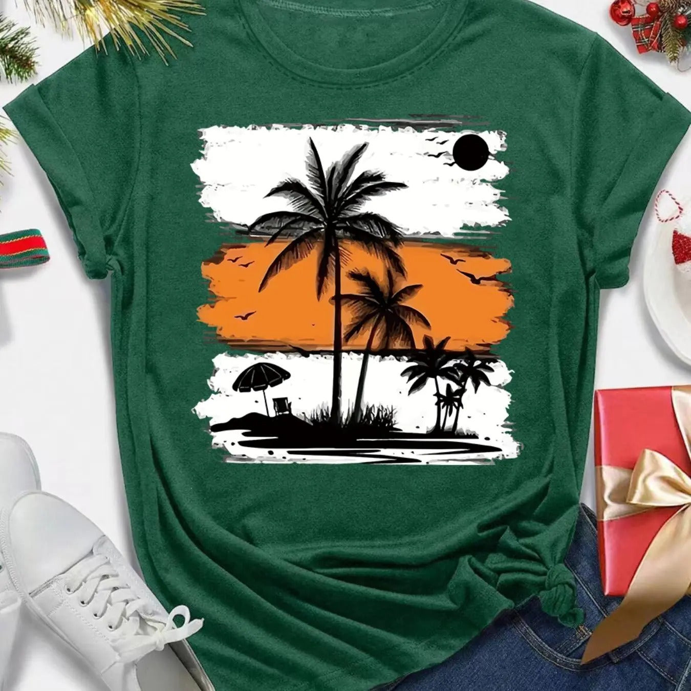Women's Palm Tree Print Round Neck Tee, Casual Short Sleeve Crew Neck T-shirt for Daily Wear, Ladies Clothes for All...