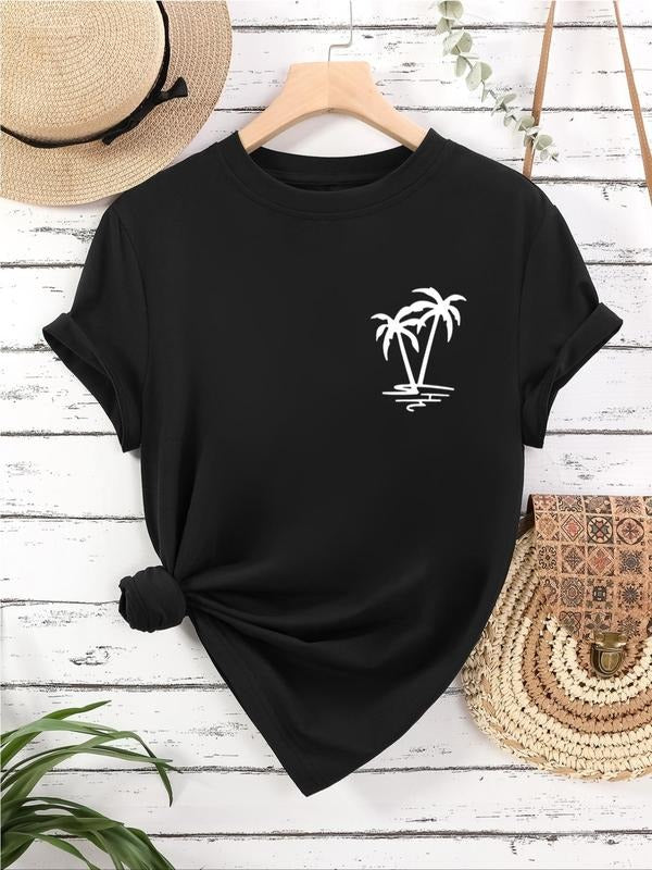 Women's Palm Tree Print Round Neck Tee, Fashion Casual Short Sleeve T-shirt for Daily Wear, Ladies Summer Clothes Hoodie...