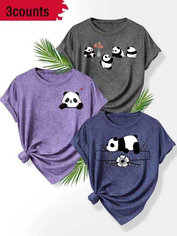Women's Panda & Letter Print Round Neck Tee, Casual Short Sleeve Crew Neck T-shirt for Summer, Fashion Women's Top for...