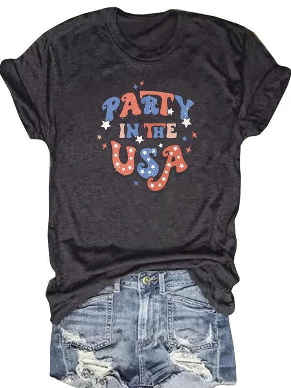 Women's Party in The USA Print Round Neck Tee, Trendy Casual Short Sleeve T-Shirt for Daily Wear, Ladies Summer Outfit,...