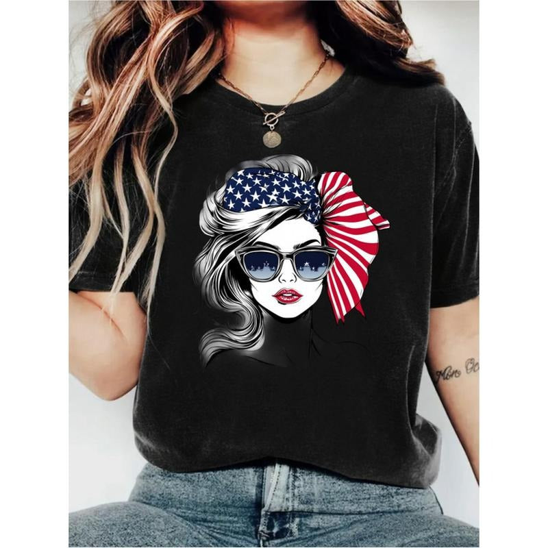 Women's Patriotic Graphic T-Shirt - , Round Neckline, Short Sleeve, American Flag Print