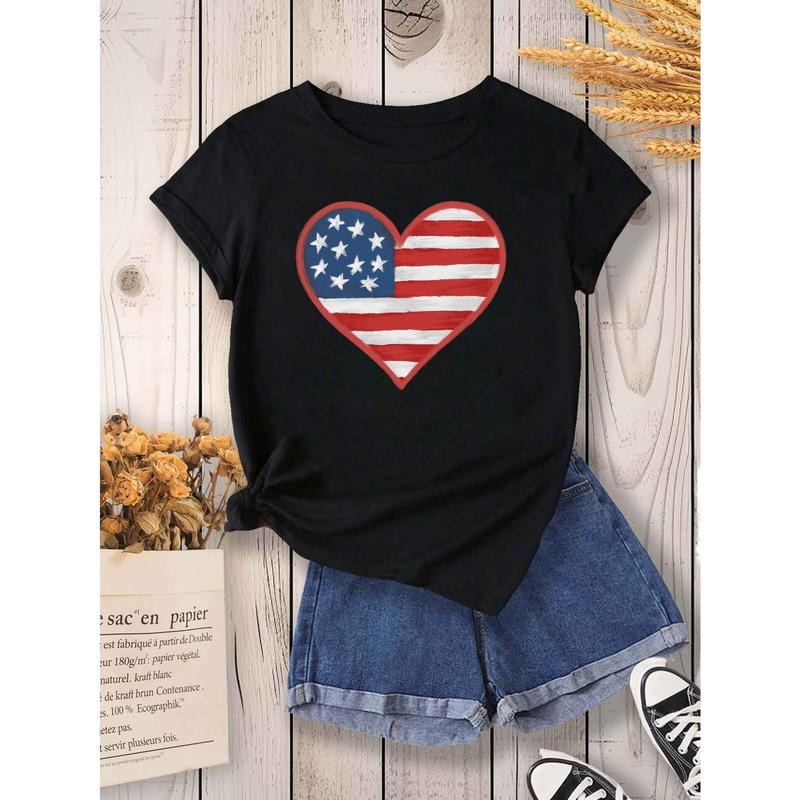 Women's Patriotic Heart-Shaped American Flag Print T-Shirt
