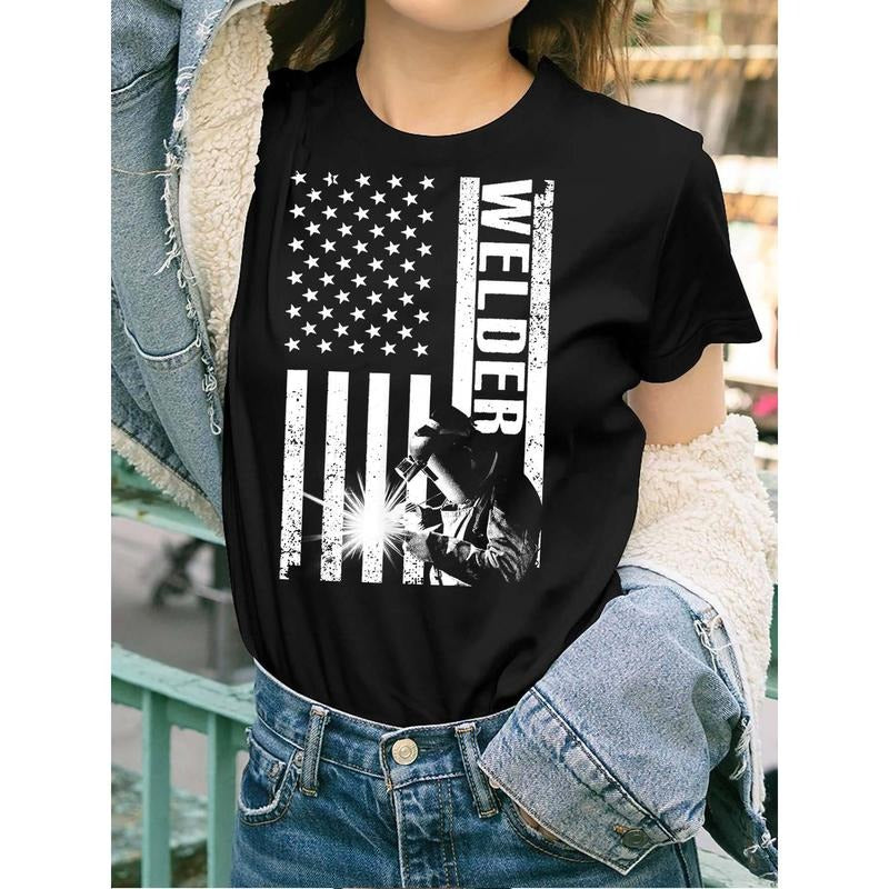 Women's Patriotic Welder Graphic Short Sleeve T-Shirt - 100% Cotton Casual Tee with American Flag & Welding Art, Machine...
