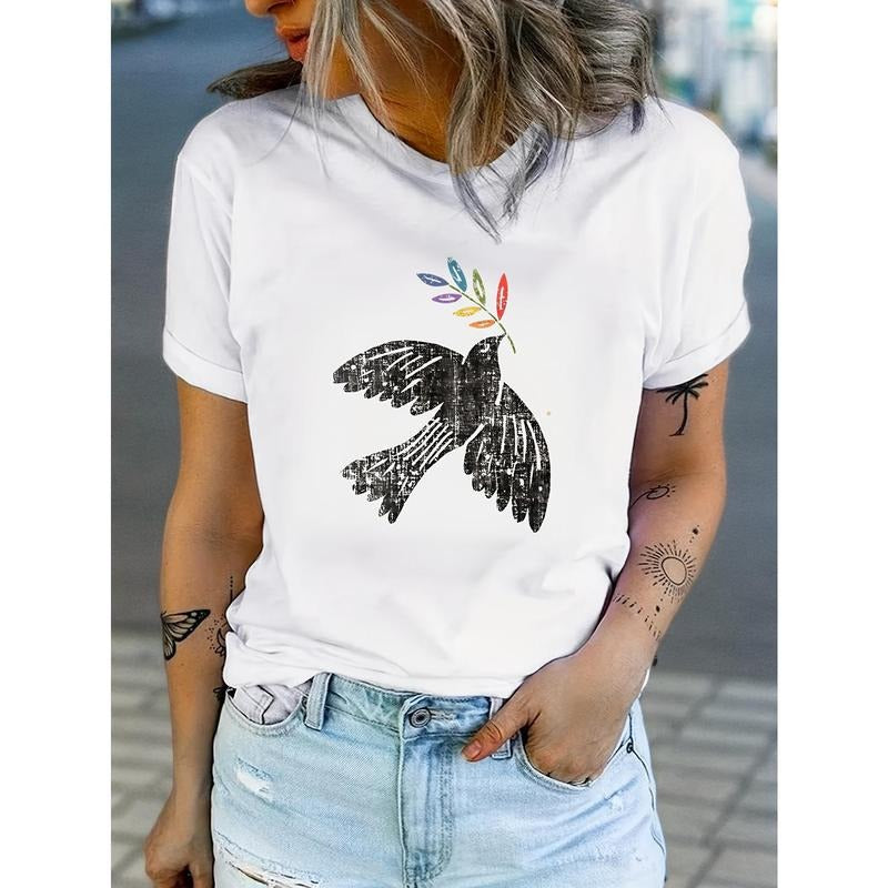 Women's Peace Dove Print T-Shirt - Short Sleeve Crew Neck Casual Top with Colorful Design, Lightweight Summer & Spring...
