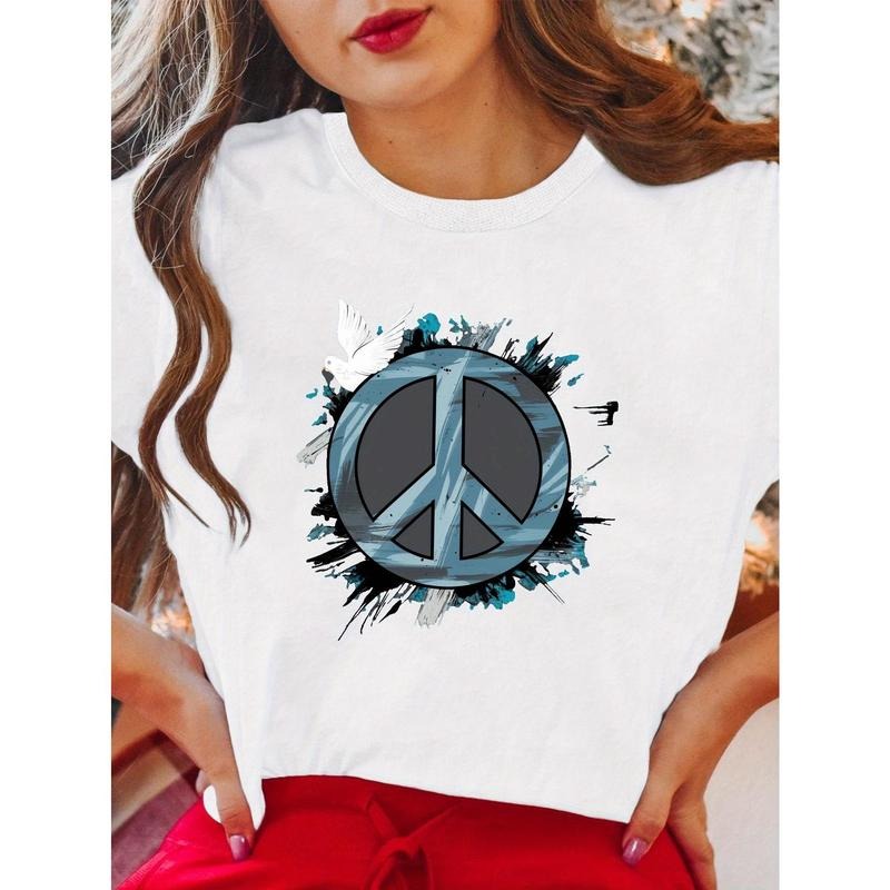 Women's Peace Symbol with Dove Graphic 100% Cotton T-Shirt - Comfort Fit Short Sleeve Round Neck Casual Top, Machine...