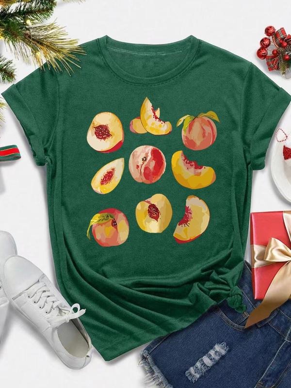 Women's Peach Print Round Neck Tee, Casual Short Sleeve Crew Neck T-Shirt for All Seasons, Fashion Women's Top for Daily...