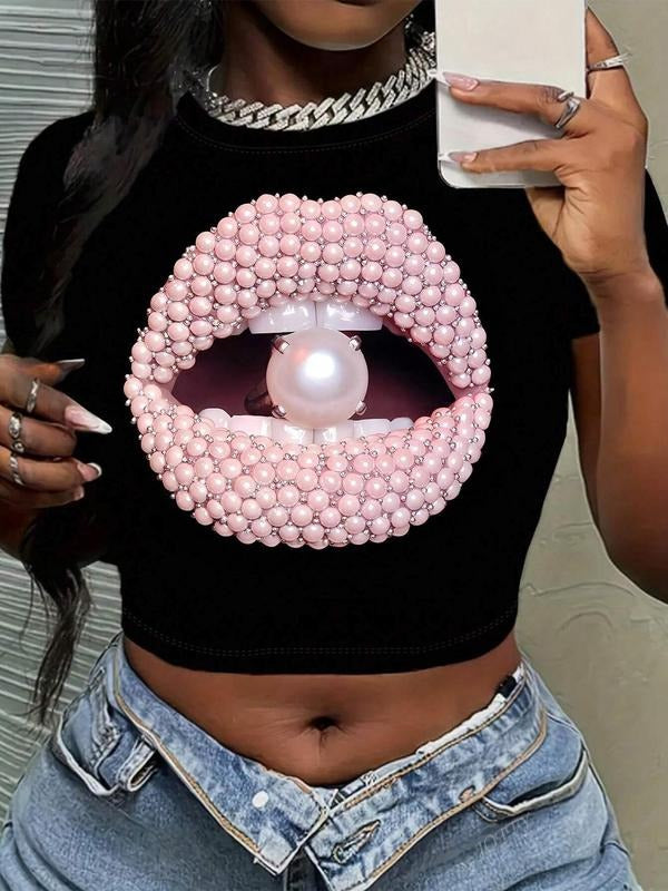 Pearl Mouth Round Neck Casual Crew Neck Short Sleeve Daily Vacation Outdoor Clothes Summer Top Shirt Hoodie Sweatshirt