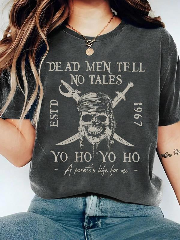 Women's Pirate Skull Print Round Neck Tee, Casual Short Sleeve Crew Neck T-shirt for Summer, Fashion Women's Top for...