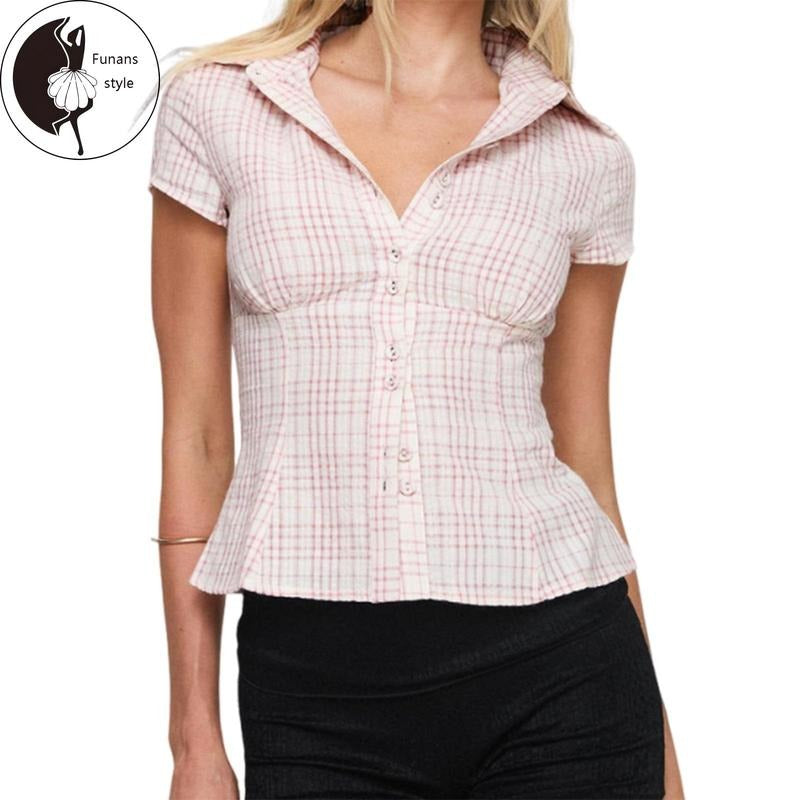 Women's Plaid Shirt Button-up Short Sleeve CollaredFit Casual Summer Blouse Tops Hoodie Sweatshirt | PrintMintTees.com