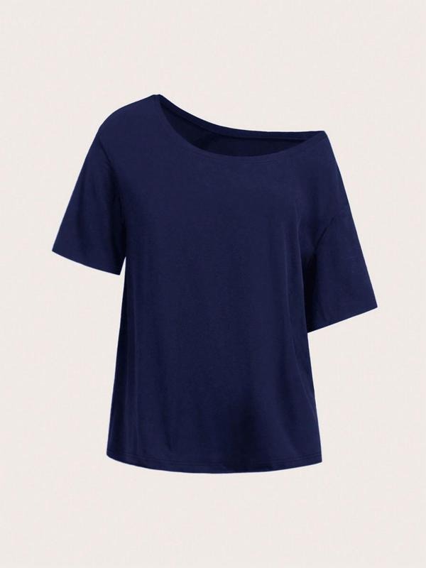 Plain Asymmetrical Neck Casual Short Sleeve Summer Clothes Daily Top T-Shirts, Hoodie, Sweatshirt