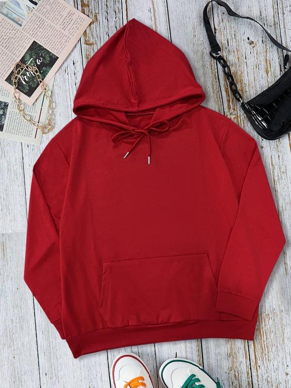 Women's Plain Drawstring Drop Shoulder Hoodie, Casual Long Sleeve Kangaroo Pocket Hooded Sweatshirt for Fall & Winter,...