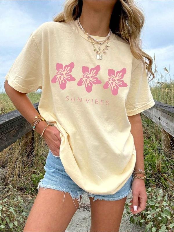 Women's Plain Floral Print Round Neck Graphic Tee, Vintage Trendy Casual Short Sleeve T-shirt for Daily Wear, Ladies...