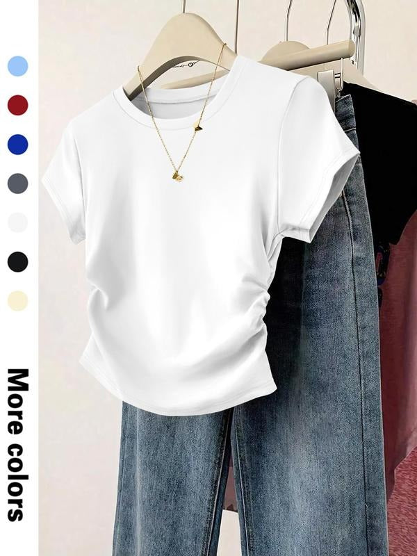 Women's Plain Ruching Side Curved Hem Tee, Casual Short Sleeve T-shirt for Daily Wear, Ladies Clothes for All Seasons,...