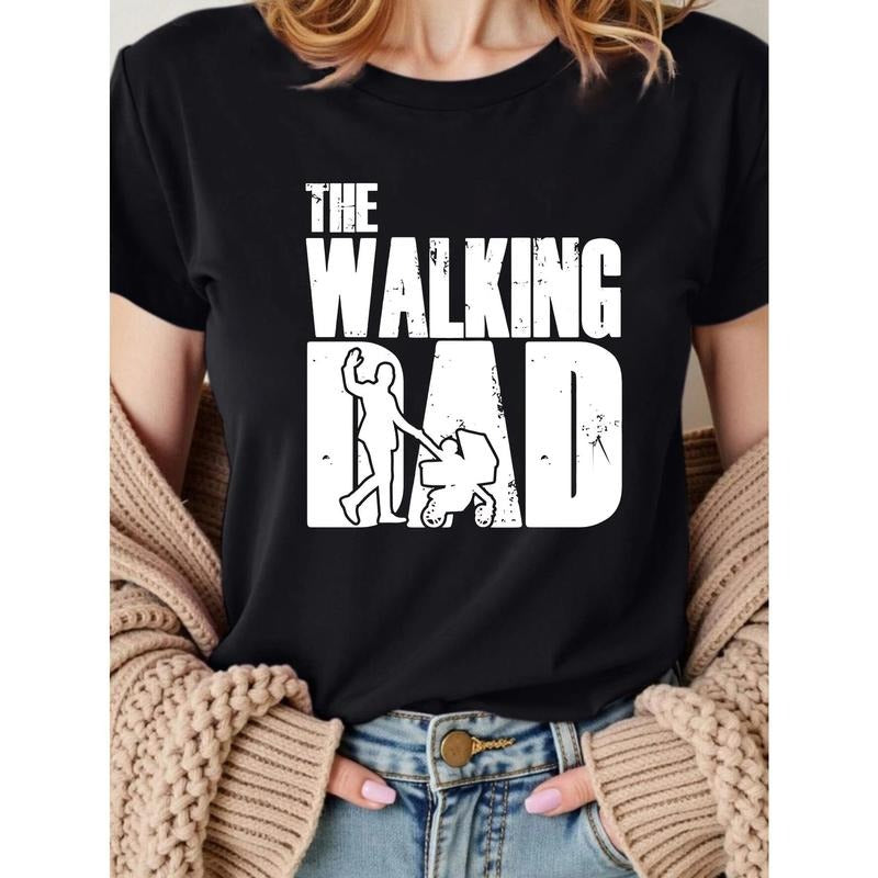 Women's Plus Size Graphic Print T-Shirt - Distressed "THE WALKING DAD" Design with Father-Youngsters Silhouette, Dark...