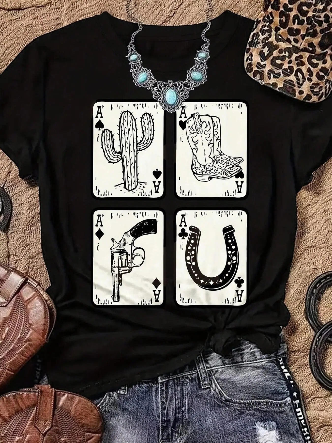 Women's Poker Print Round Neck Graphic Tee, Vintage Trendy Casual Short Sleeve T-shirt for Daily Wear, Ladies All Seasons...