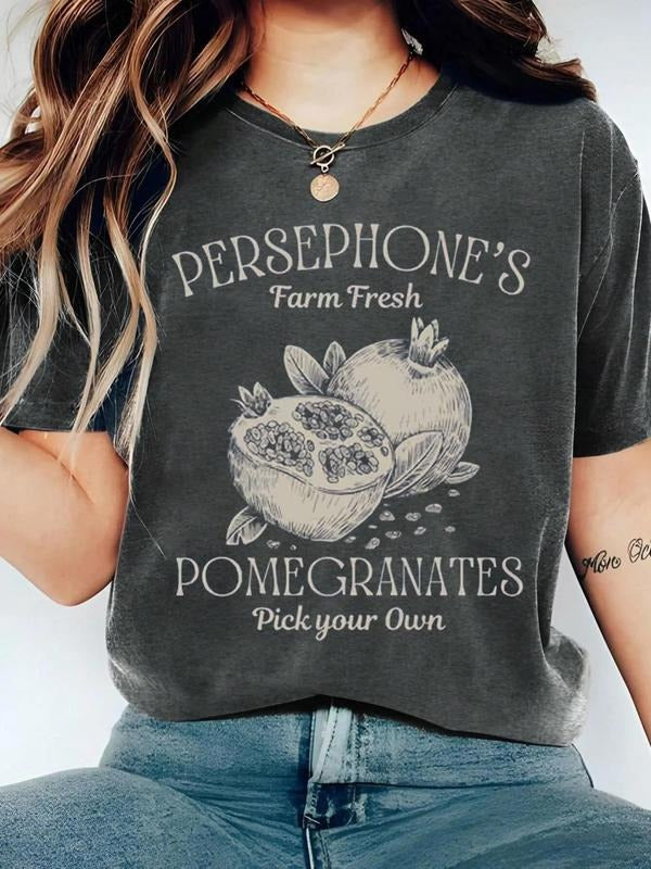Women's Pomegranate & Letter Print Round Neck Graphic Tee, Vintage Trendy Casual Short Sleeve T-shirt for Daily Wear,...