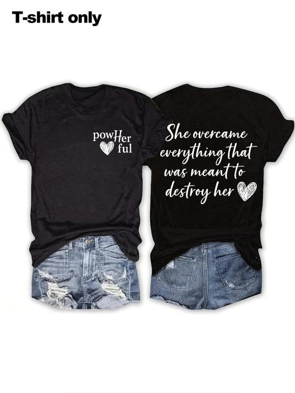 Women's Powerful She Overcame Everything That Was Meant To Destroy Her Round Neck Graphic Tee, Casual Short Sleeve...