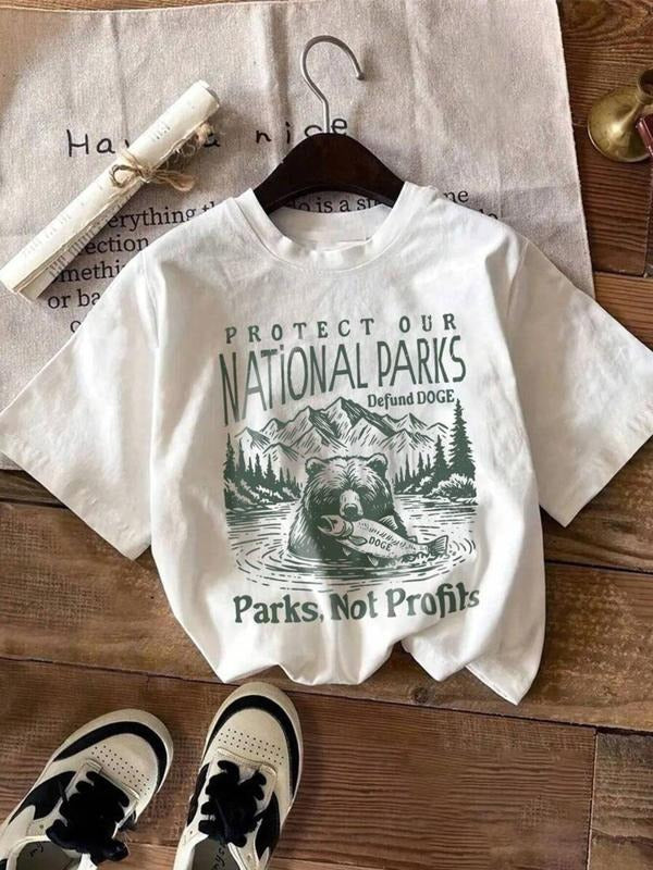 Women's Protect Our Parks Slogan Round Neck Graphic Tee, Vintage Trendy Casual Bear & Mountain Print Short Sleeve T-shirt...
