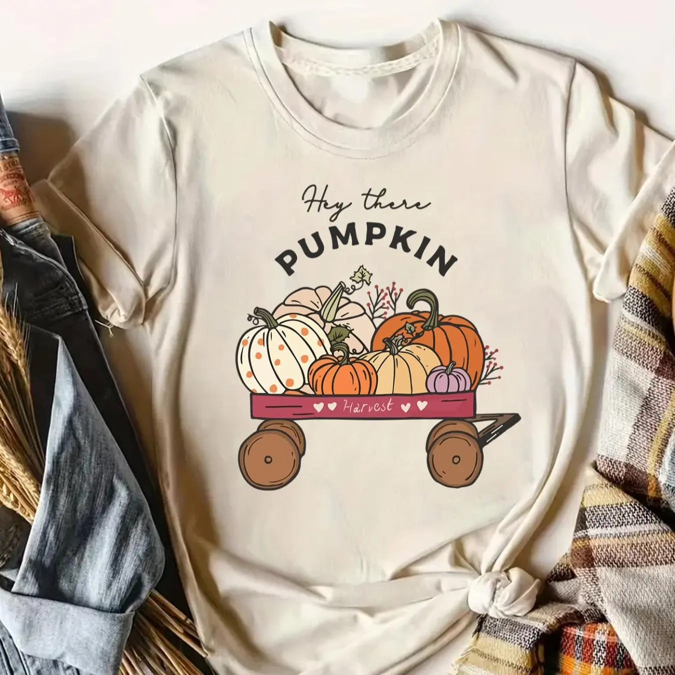 Women's Pumpkin & Letter Print Round Neck Tee, Trendy Casual Short Sleeve T-Shirt for Daily Wear, Ladies Summer Top...