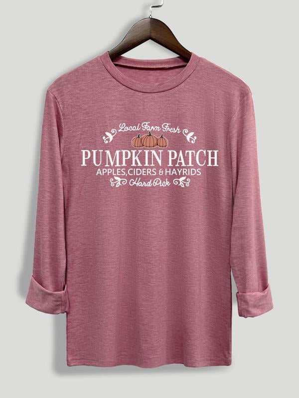 Women's Pumpkin Patch Letter Print Round Neck Tee, Casual Long Sleeve Crew Neck T-shirt for Fall & Winter, Women's Top...