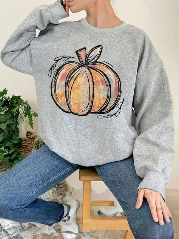 Pumpkin Print Drop Shoulder Thermal Lined Casual Long Sleeve Round Neck Daily Clothes All Seasons T-Shirts, Hoodie, Sweatshirt