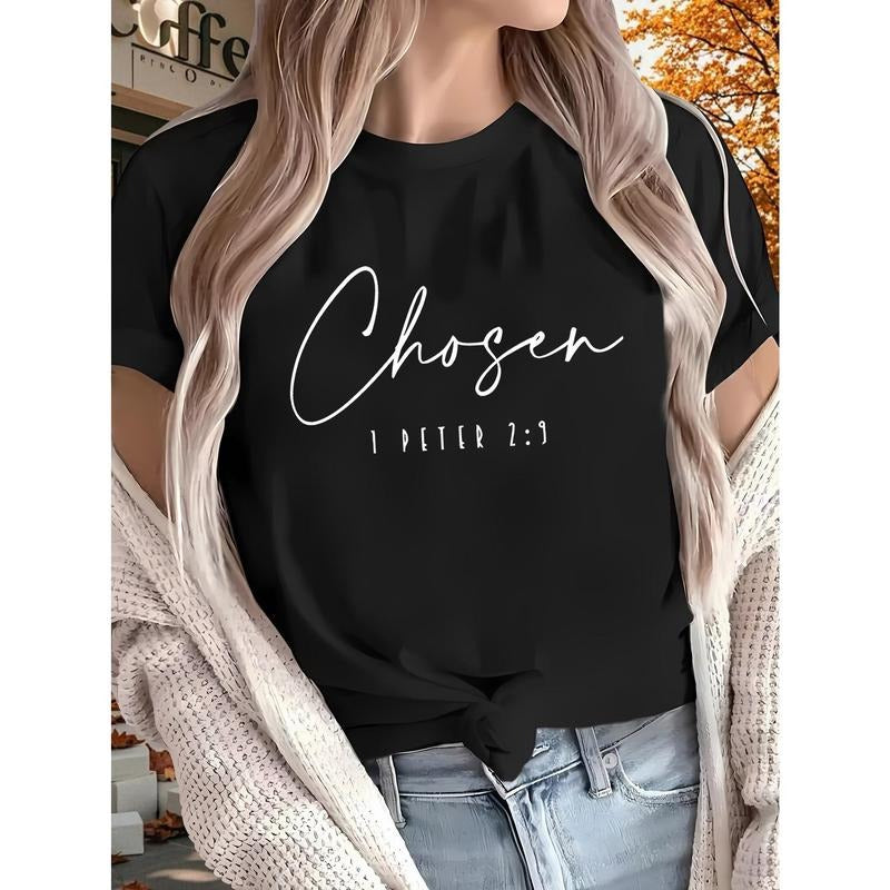 Women's Pure Printed T-Shirt - Short Sleeve, Round Neck, Black with "Chosen 1 Peter 2:9" Letter Print, Lightweight &...