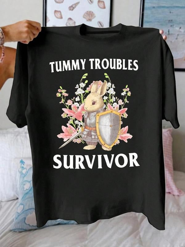 Women's Rabbit & Letter Print Round Neck Graphic Tee, Vintage Trendy Casual Flower Graphic Short Sleeve T-shirt for Daily...