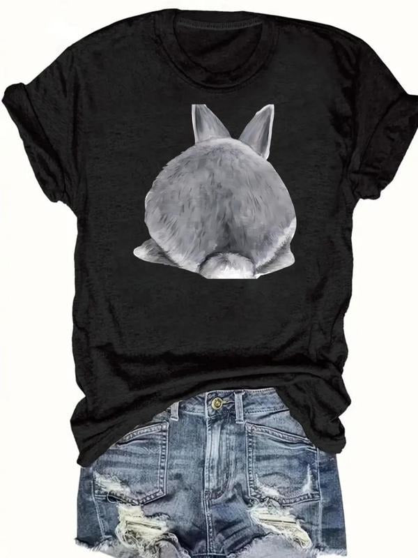 Women's Rabbit & Letter Print Round Neck Tee, Casual Short Sleeve Crew Neck T-shirt for Daily Wear, Ladies Clothes for...
