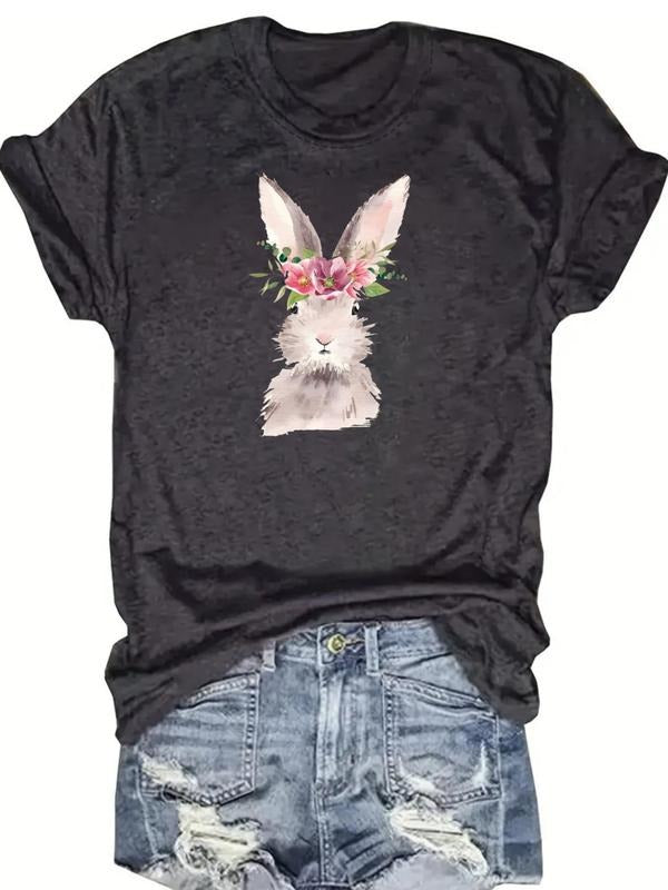 Women's Rabbit & Letter Print Round Neck Tee, Fashion Casual Crew Neck T-Shirt for Daily Holiday Vacation Outdoor Wear,...