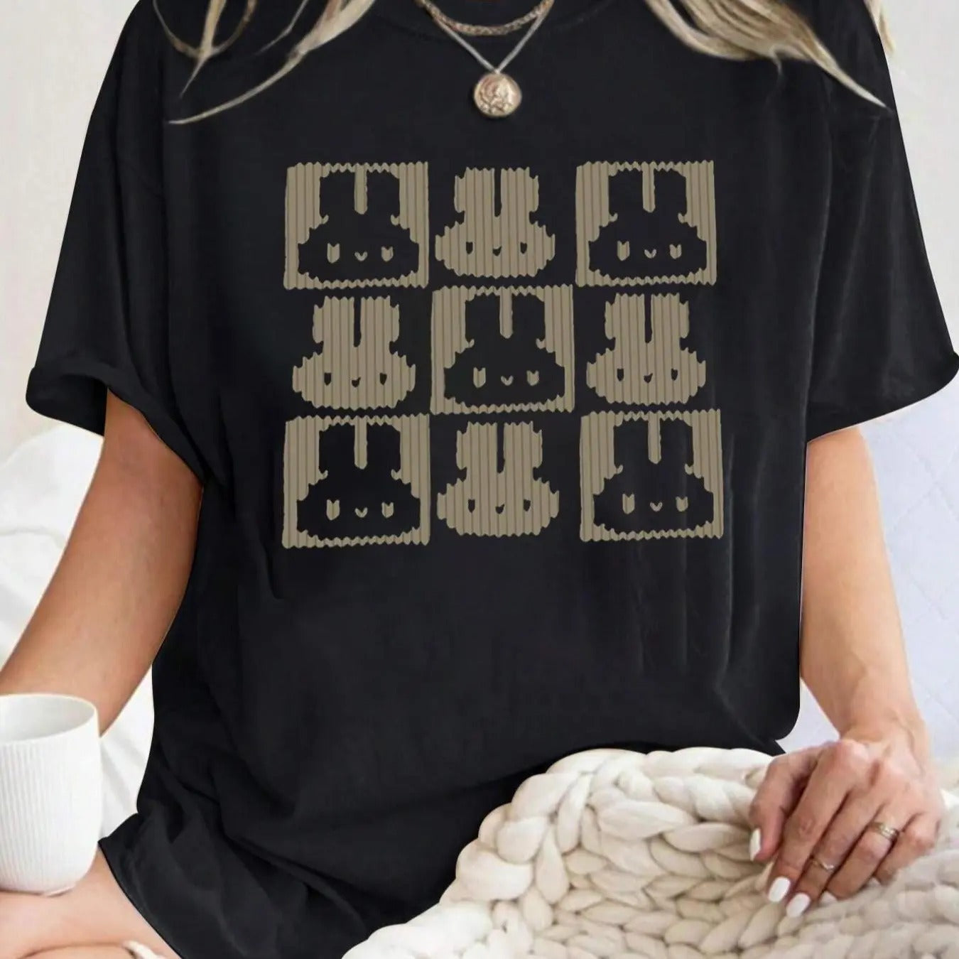 Women's Rabbit Print Round Neck Tee, Casual Half Sleeve Crew Neck T-shirt for Summer, Fashion Women's Top for Daily Wear...