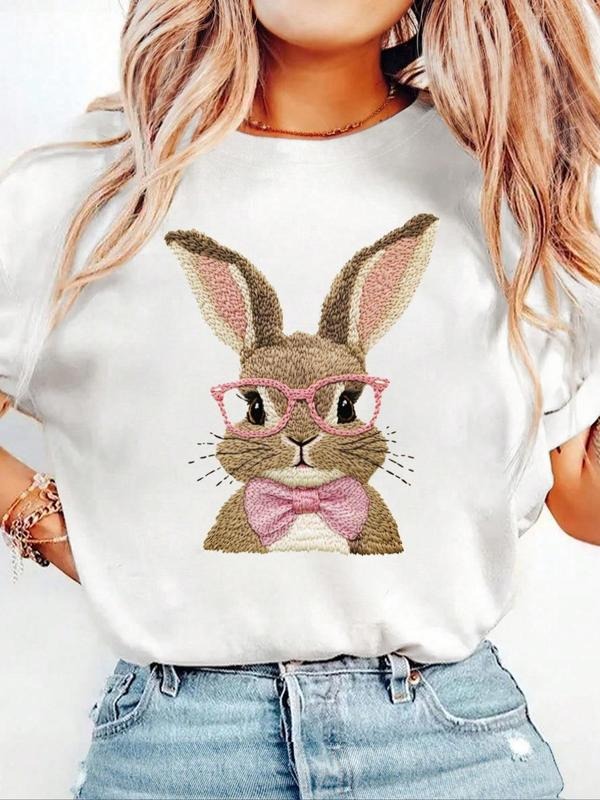 Rabbit Print Round Neck Vintage Casual Short Sleeve Daily Summer Top T-Shirts, Hoodie, Sweatshirt