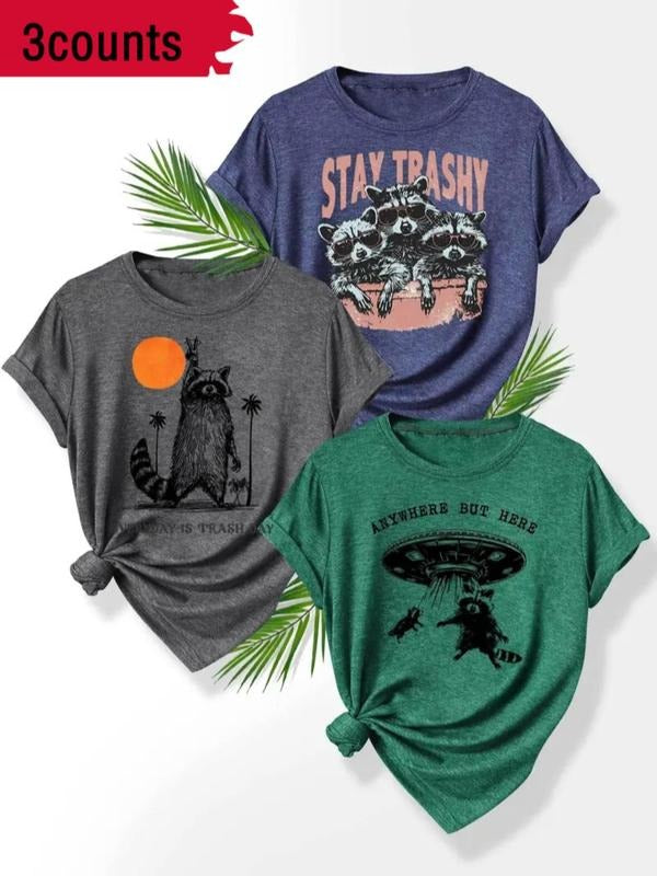 Women's Raccoon & Bear Print Round Neck Tee, Casual Short Sleeve T-shirt for Summer, Ladies Clothes for Daily Wear Hoodie...