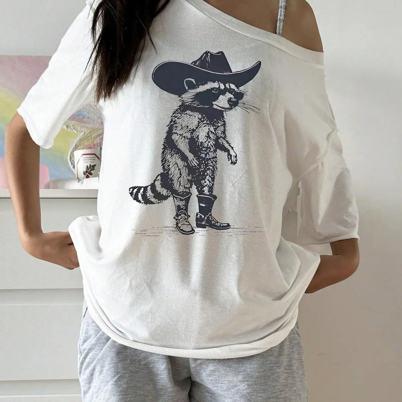 Raccoon Print Asymmetrical Neck Casual Drop Shoulder Short Sleeve Daily Clothes All Seasons T-Shirts, Hoodie, Sweatshirt