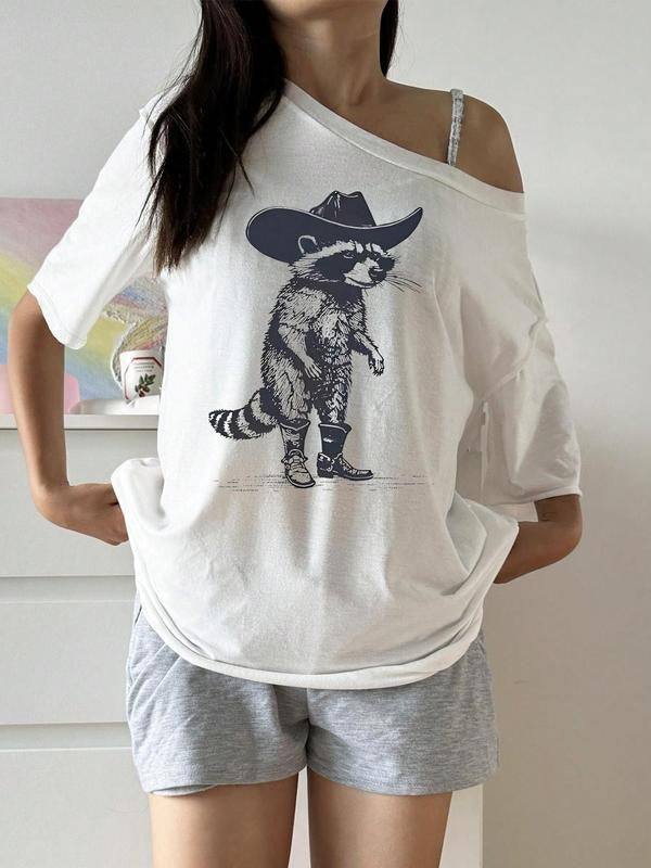 Women's Raccoon Print Tee, Casual Half Sleeve T-shirt for Daily Wear, Ladies Clothes for All Seasons Hoodie Sweatshirt